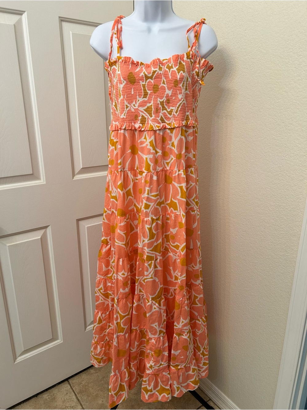 J. Crew Orange Floral Smocked Tie-Shoulder Maxi Dress